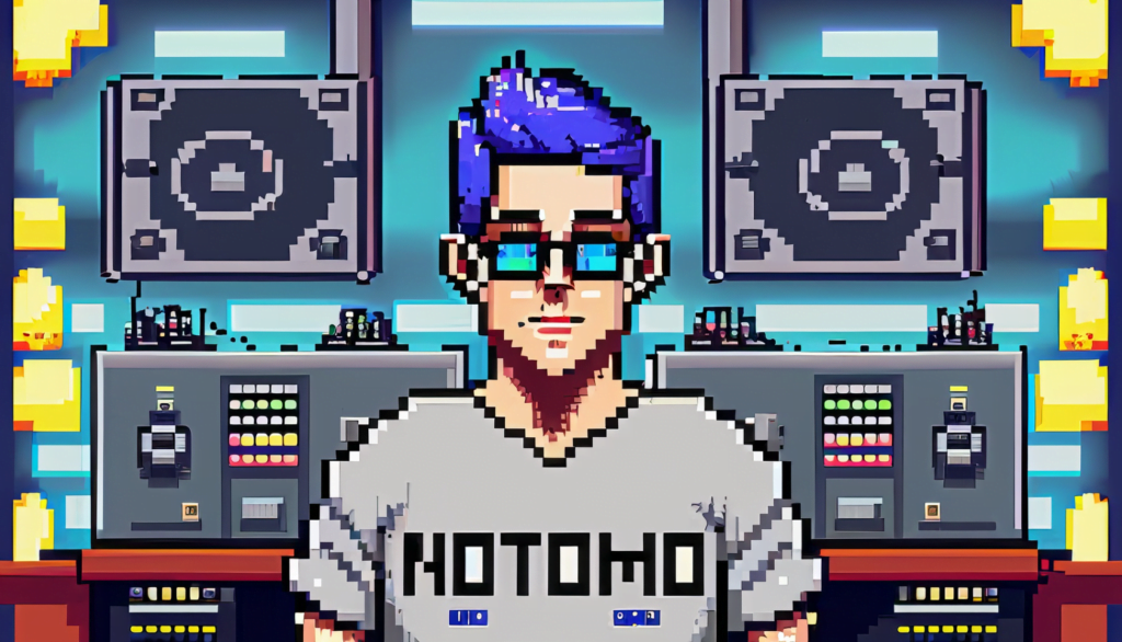 A PixelArt Engineer with Blue Hair and Glasses sits in front of speakers